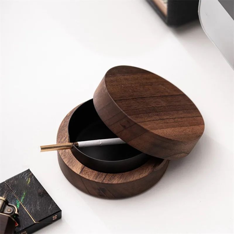 Walnut Wood Ashtrays With Lid Covered Windproof Ashtray With Stainless Steel Liner Indoor Outdoor Ash Tray For Home