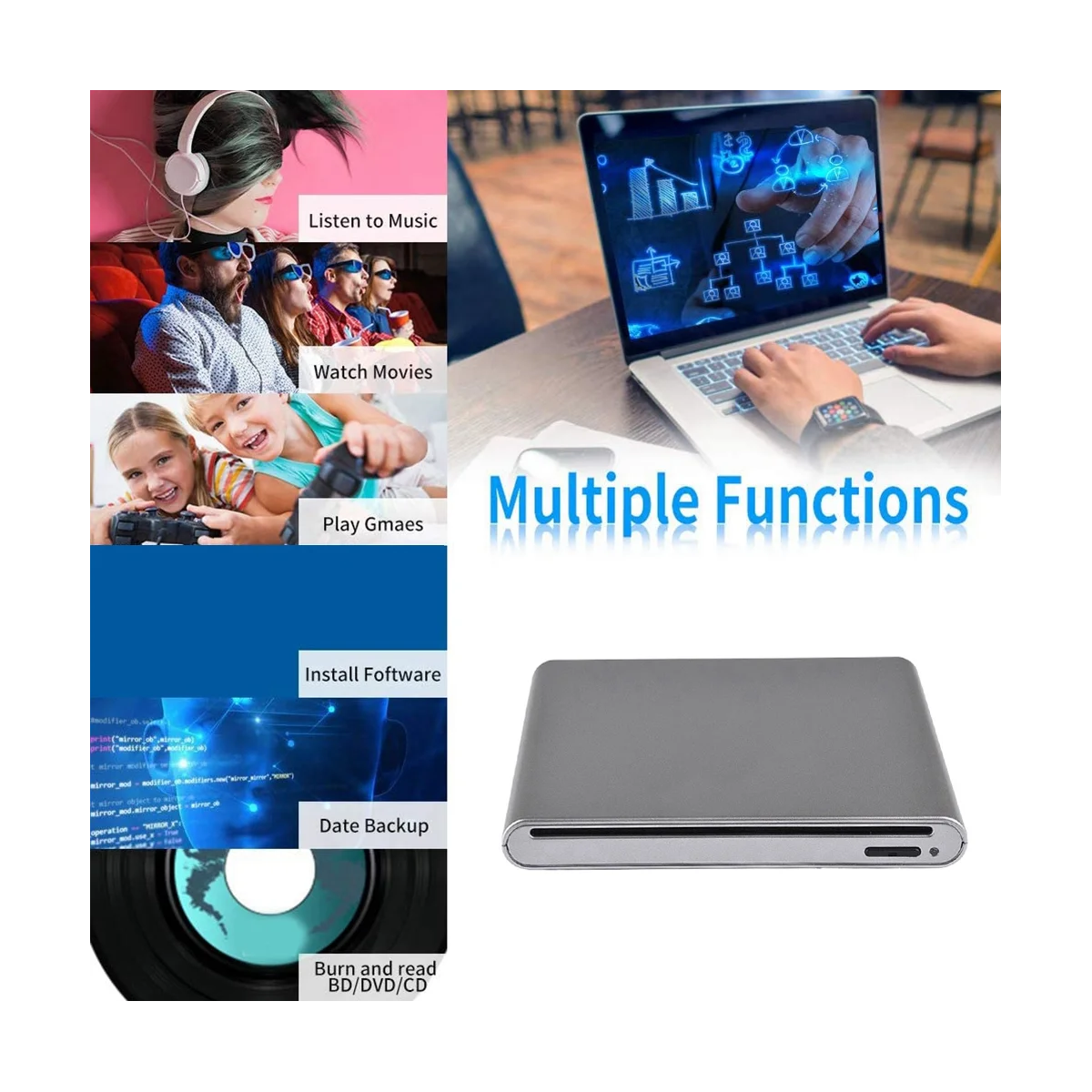 Lettore Dvd Blu-Ray Esterno Lettore 3D Lettore Dvd Cd Blu-Ray Usb 3.0 Per Windows Xp/7/8/10 Nero