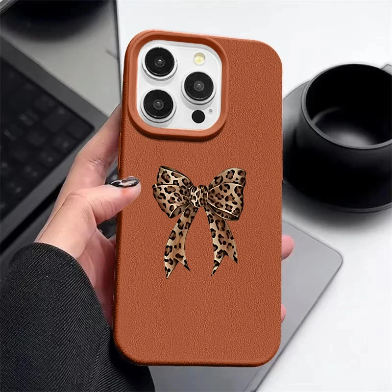 Leopard Print Stars Bow Lychee Texture Silicone Phone Case