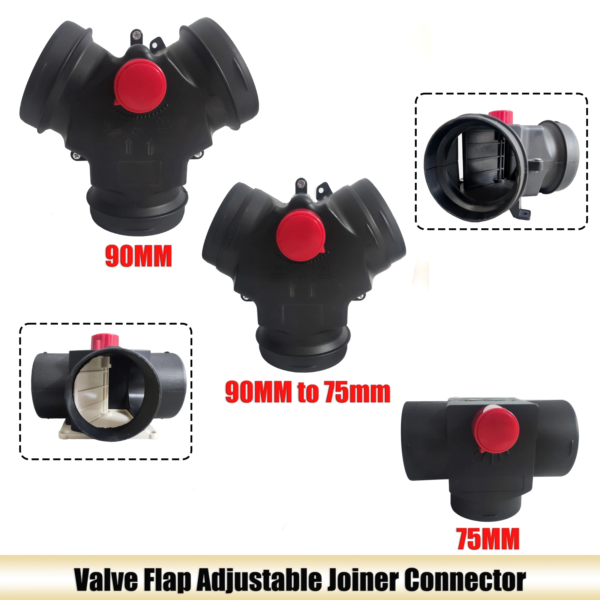 90MM / 90MM TO 75MM / 75MM Vavle Flap Adjustable Air Diesel Heater Vent Ducting T Branch Splitter Exhaust Pipe Joiner Connector air diesel heater duct pipe