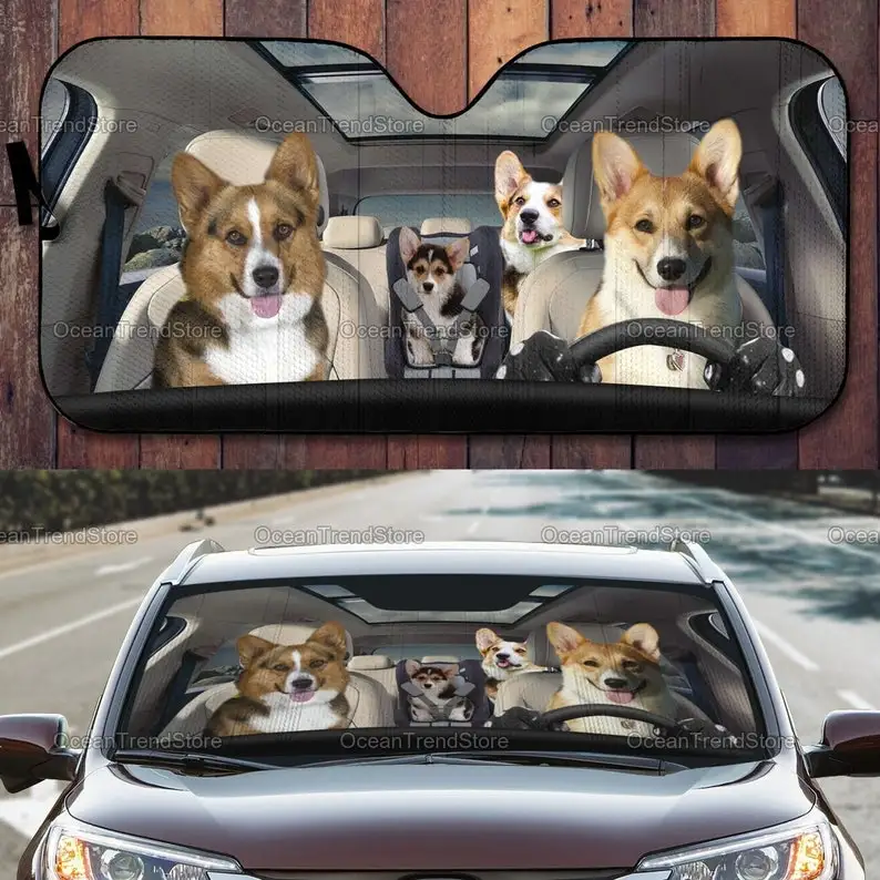 Corgi Family Car Sunshade, Funny Corgi Sunshade, Car Sun Protector, Corgi Auto Sunshade, Corgi Car Decoration, Gifts For Her LNG sunshades reflector anti uv protector evil eyes custom car sunshade auto sunshade universal sun shade summer 2022 hot sale