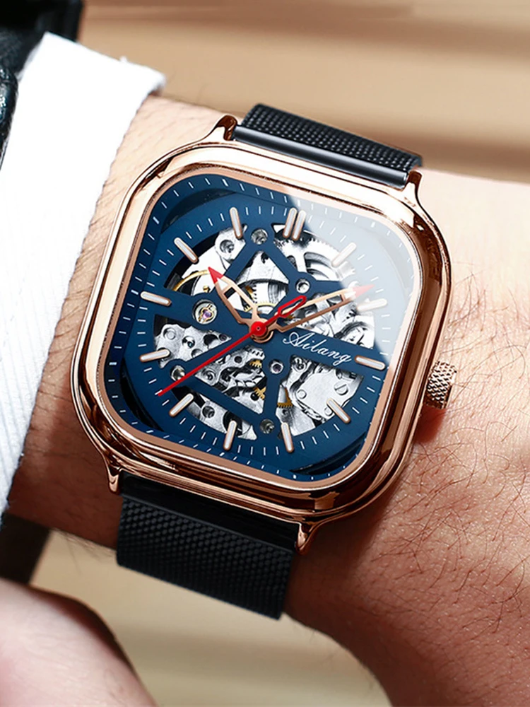 AILANG Top Skelett Quadrat Mechanesch Fir Männer Automatesch Handgelenk Waasserdicht Mesh Gürtel es_voghion.com