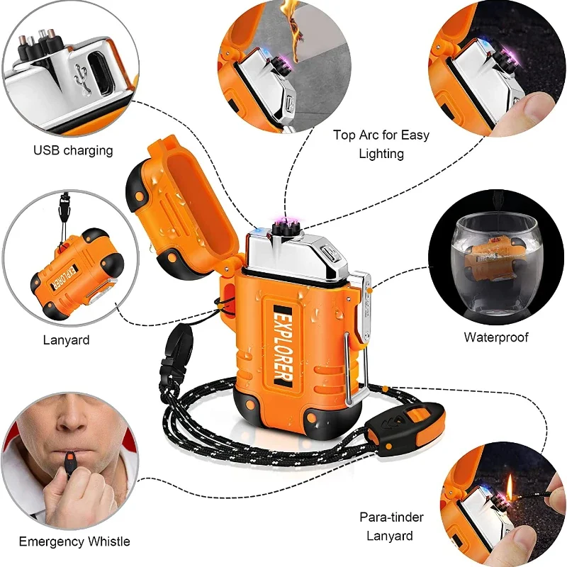 2024 Waterproof Double Arc Lighter USB Rechargeable Windproof Plasma Lighter Outdoor Camping Flameless Smoking Accessories 6
