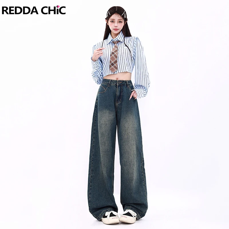 

REDDACHiC Vintage Patchwork Baggy Jeans Women Solid Blue Bleached High Waist Straight Wide Leg Pants Hiphop Boyfriend Trousers