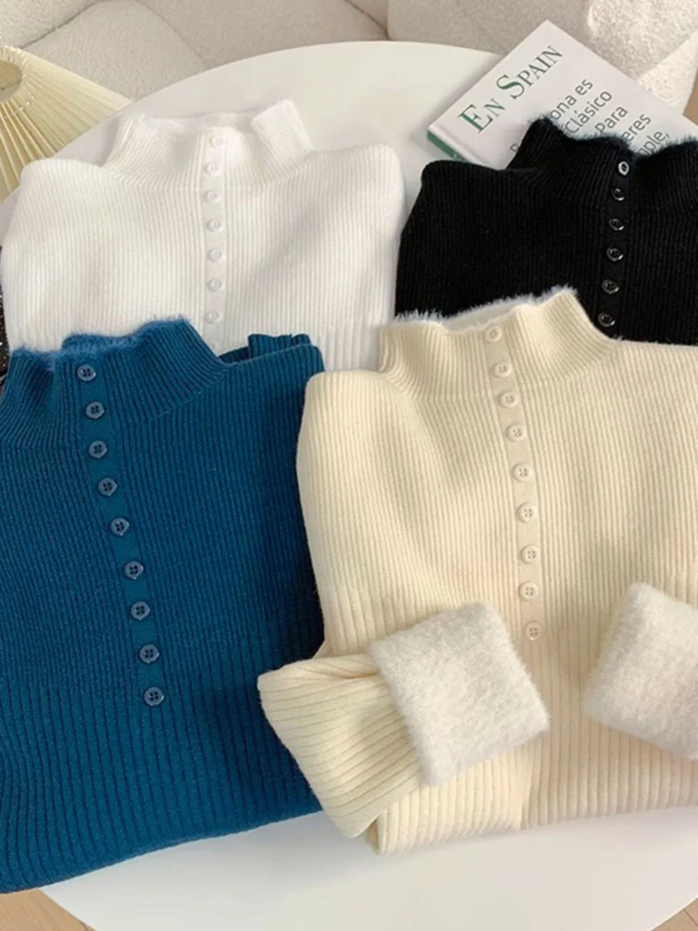 

Женский зимний фланелевый пуловер с длинным рукавом и ложным воротником