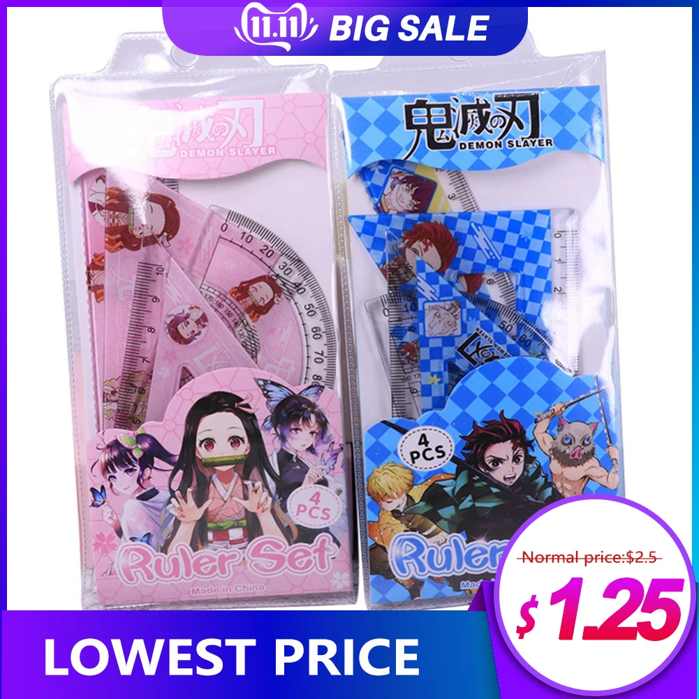

4Pcs/Set Plastic Demon Slayer Blade Cartoon Set Ruler Student Multifunctional Learning Drawing Triangle Ruler