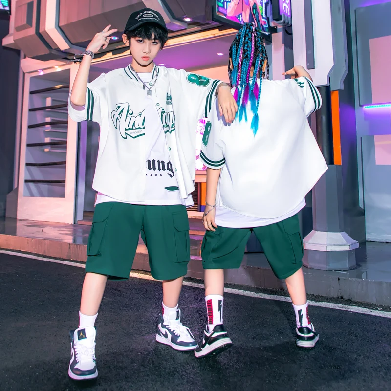 

Kids Ballroom Hip Hop Clothing Oversized Cardigan Baseball Shirt Tops Green Cargo Shorts for Girl Boy Jazz Dance Costume Clothes