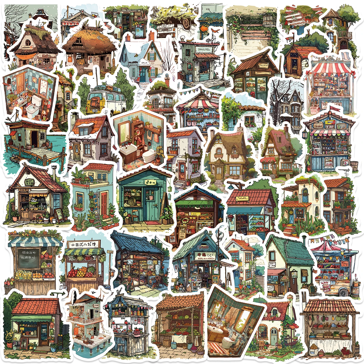 

50pcs Vintage Retro Small House Stickers For Scrapbook Phone Laptop Guitar Stationery DIY Waterproof Sticker Decals Kids Toy