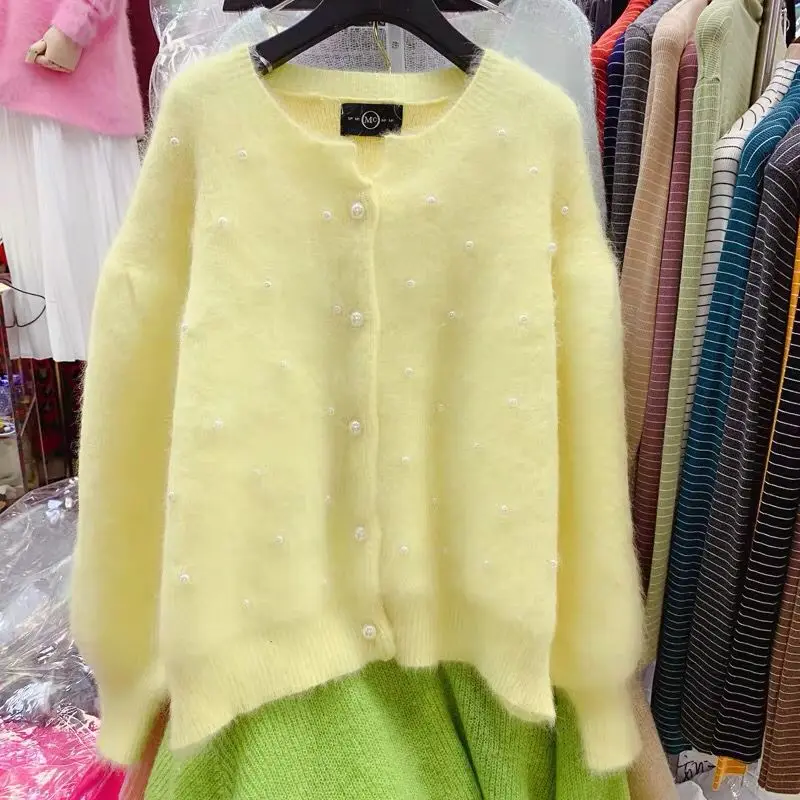 고품질 패션 밍크 캐시미어 페르시 스웨터 코트 여성용, 세련된 진주 랜턴 슬리브 니트 가디건, 겉옷, 가을 겨울