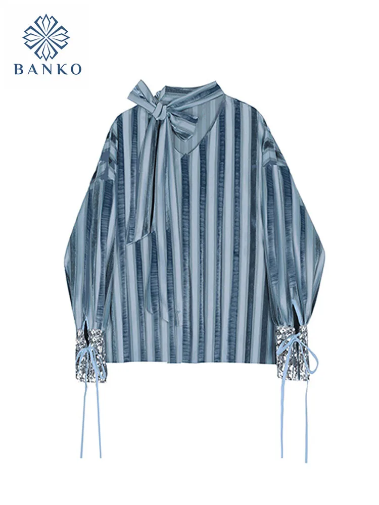 

Женская мешковатая блузка с блестками, Модная элегантная винтажная офисная рубашка в полоску, Повседневная голубая блузка большого размера с воротником-хомутом и бантом