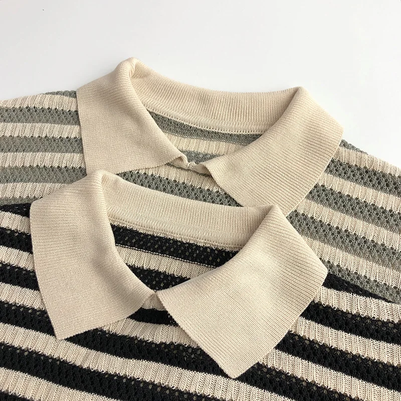 Children's Knitted Casual Shirts Summer Girl's Knitted Tops Striped T-shirts Retro Style Boy's Tops