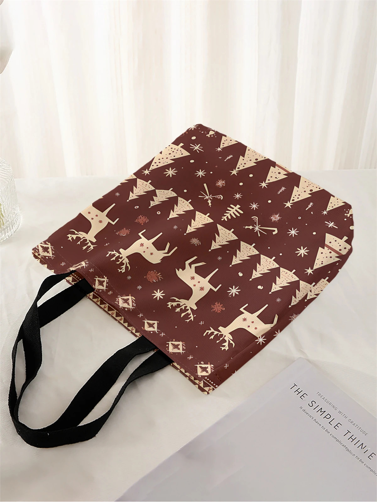 1pc,Christmas reindeer handbag, reusable fashionable handbag, multifunctional handbag, printed canvas shopping bag