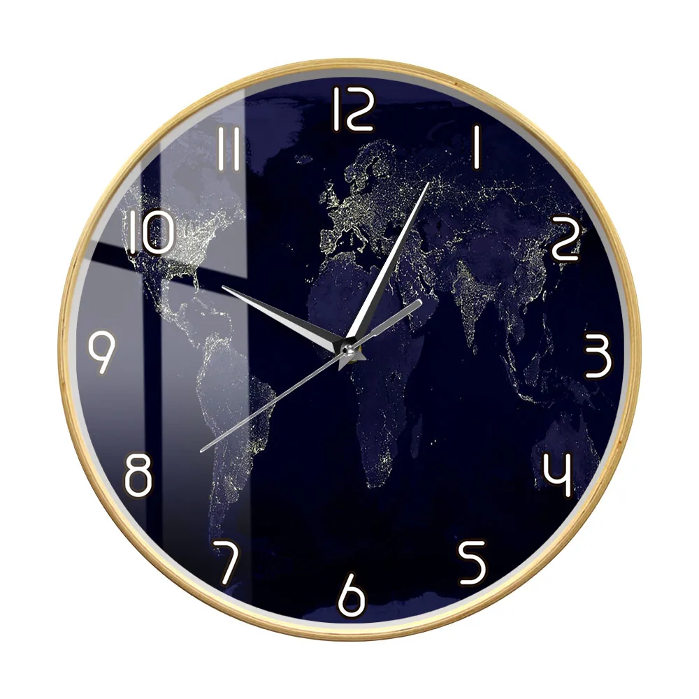 Night View World Map Wall Clock Wooden Frame Clock  