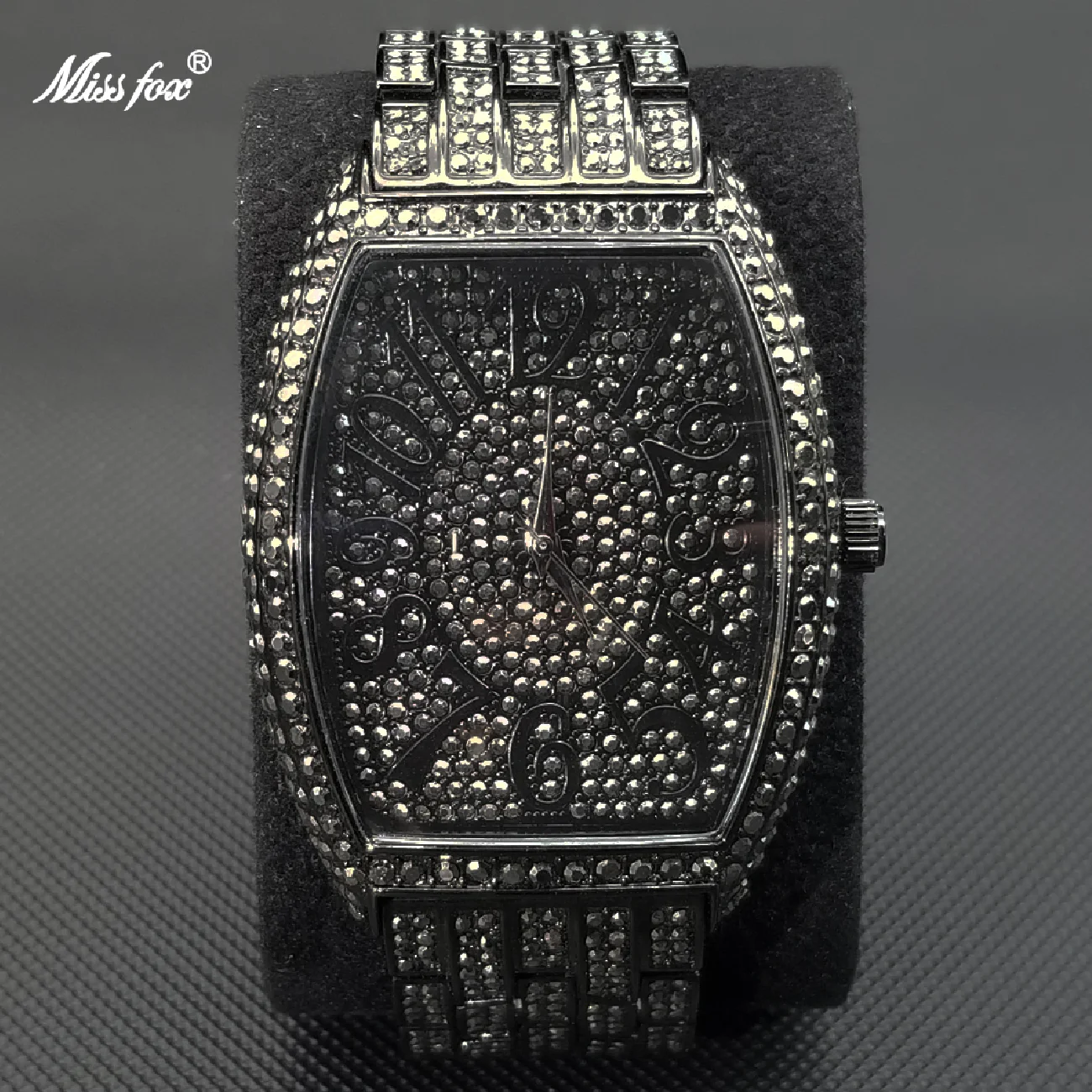 

MISSFOX Iced Out Men Watches Luxury Full Diamond Black Quartz Watch Hip Hop Stainless Steel Waterproof Tonnea Relogio Masculino