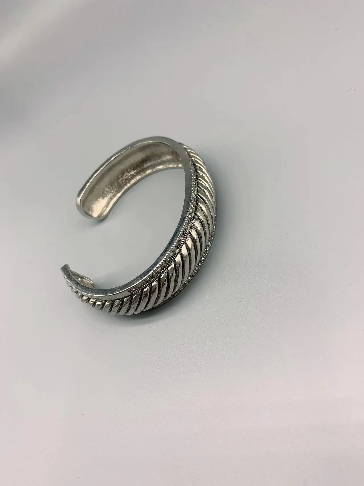 Le Han Jewelry Silver Cable Edge Cuff Bracelet With Clear  Cubic Zirconia Each Side 16mm Wide