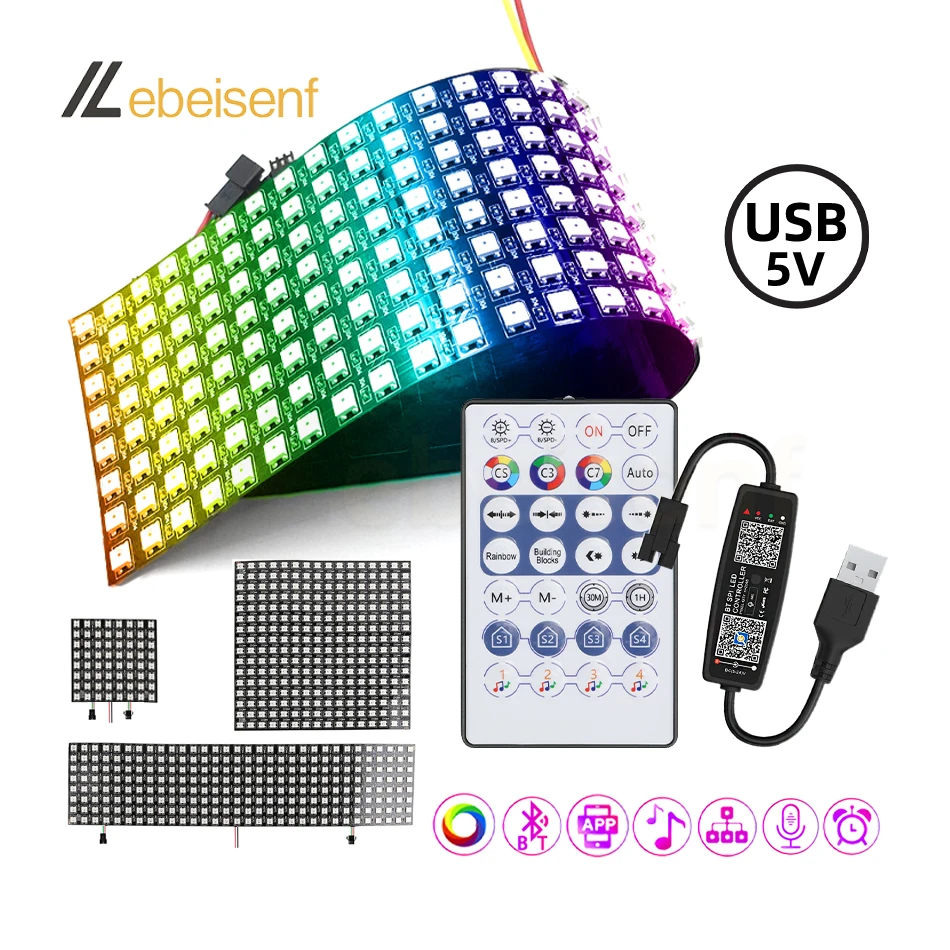 1Set Pannello Led Usb 5V Ws2812B Matrice Schermo Indirizzabile Individualmente E Controller Rf A 28 Tasti Modulo Pixel Musica Mic Dente Blu