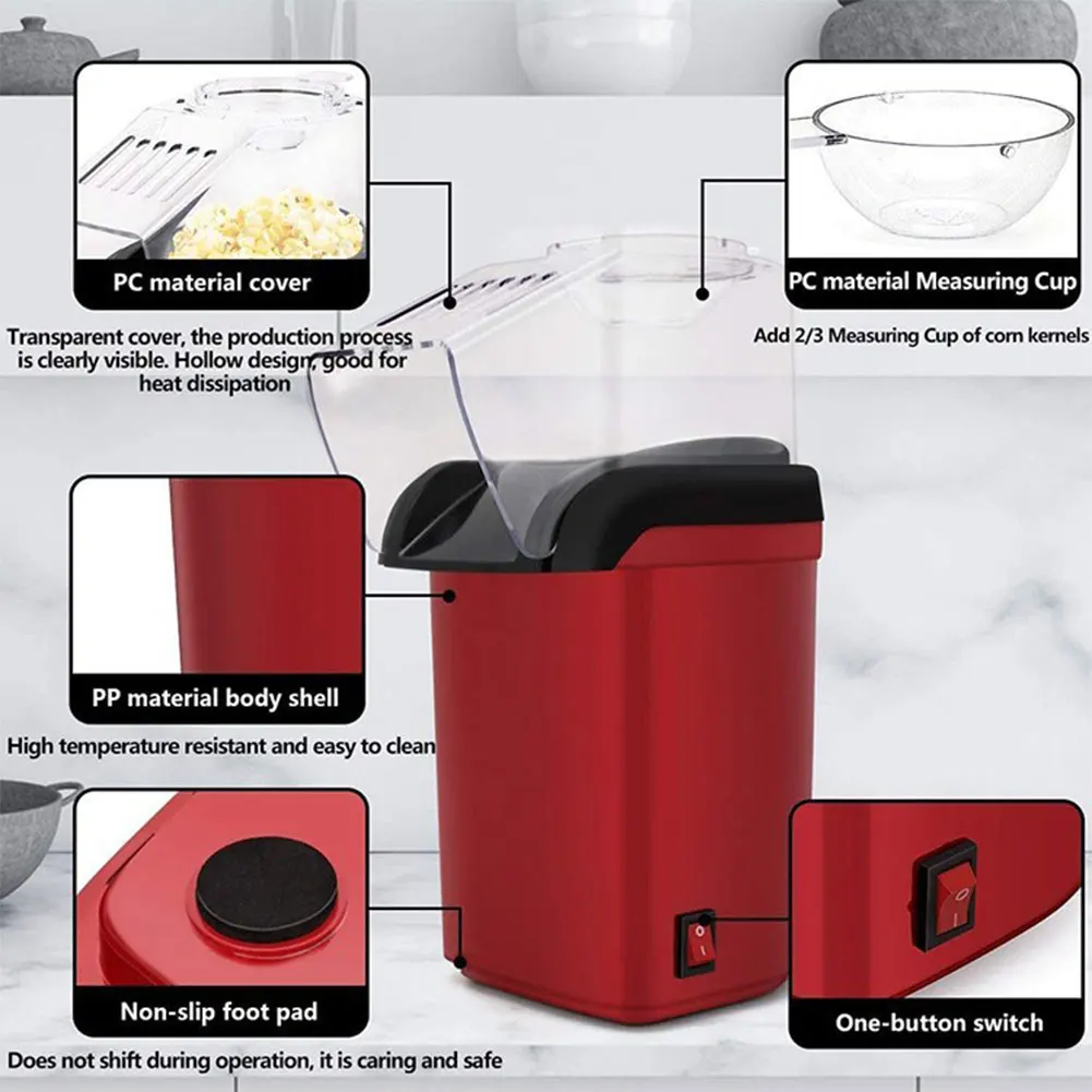 Popcorn Machine No Oil Hot Air Popcorn Maker High Popping Rate Fully Automatic Machine Electric Air Popper for Home