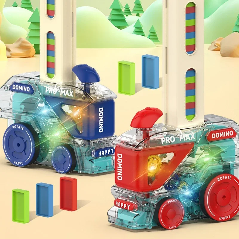 Toy Building Blocks Domino Set Automatic Domino Train With 60 Dominos Montessori Early Educational STEM Toys Train DIY Building Blocks Christmas Birthday Gift