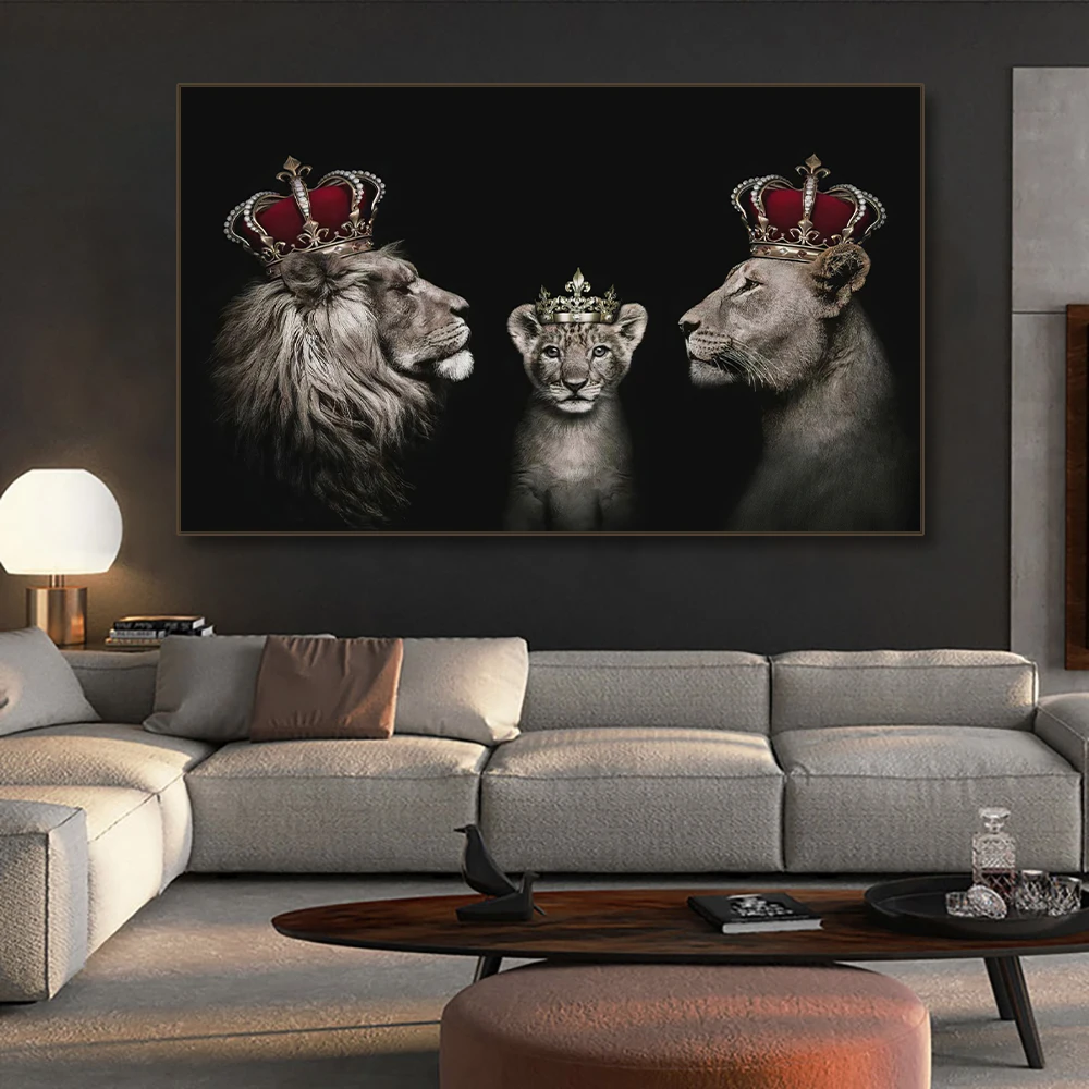 Abstract Black White Family of lions Painting Crown Lions Canvas Posters and Prints Picture for Modern Living Room Decoration