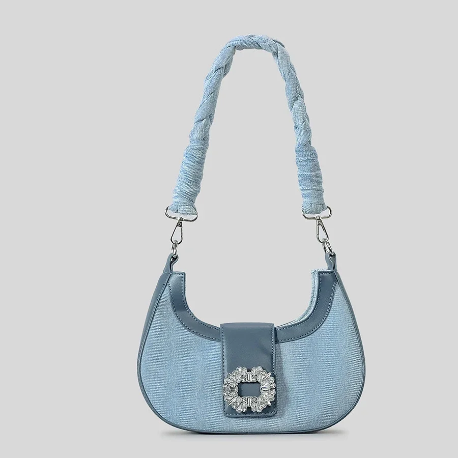 

Fashion Rhinestone Women Shoulder Bags Half Moon Denim Underarm Bag Woven Strap Crossbody Bag Y2k Female Party Purse 2024