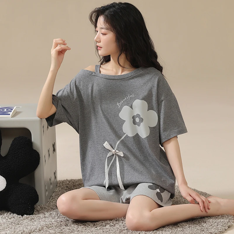 Summer New Sleepwear Women's Pure Cotton Simple Sweet Loose Print Pullover Short Sleeves Can Be Outworn Home Furnishing Set