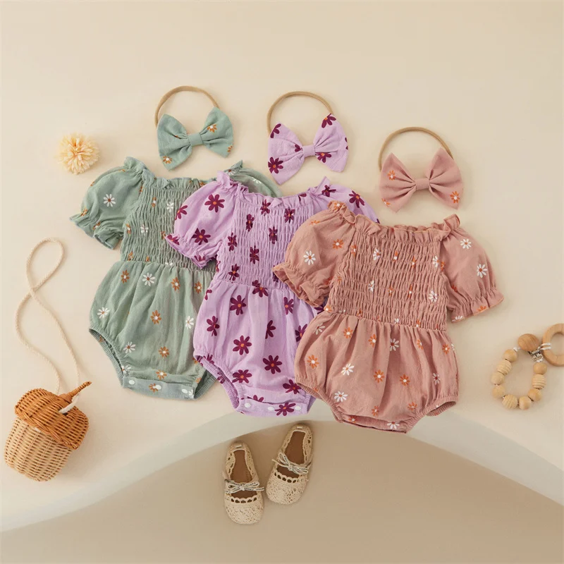 

Tregren 0-12M Newborn Baby Girl Summer Outfits Short Puff Sleeve Floral Print Romper with Headband Set Infant Bodysuit Hairband