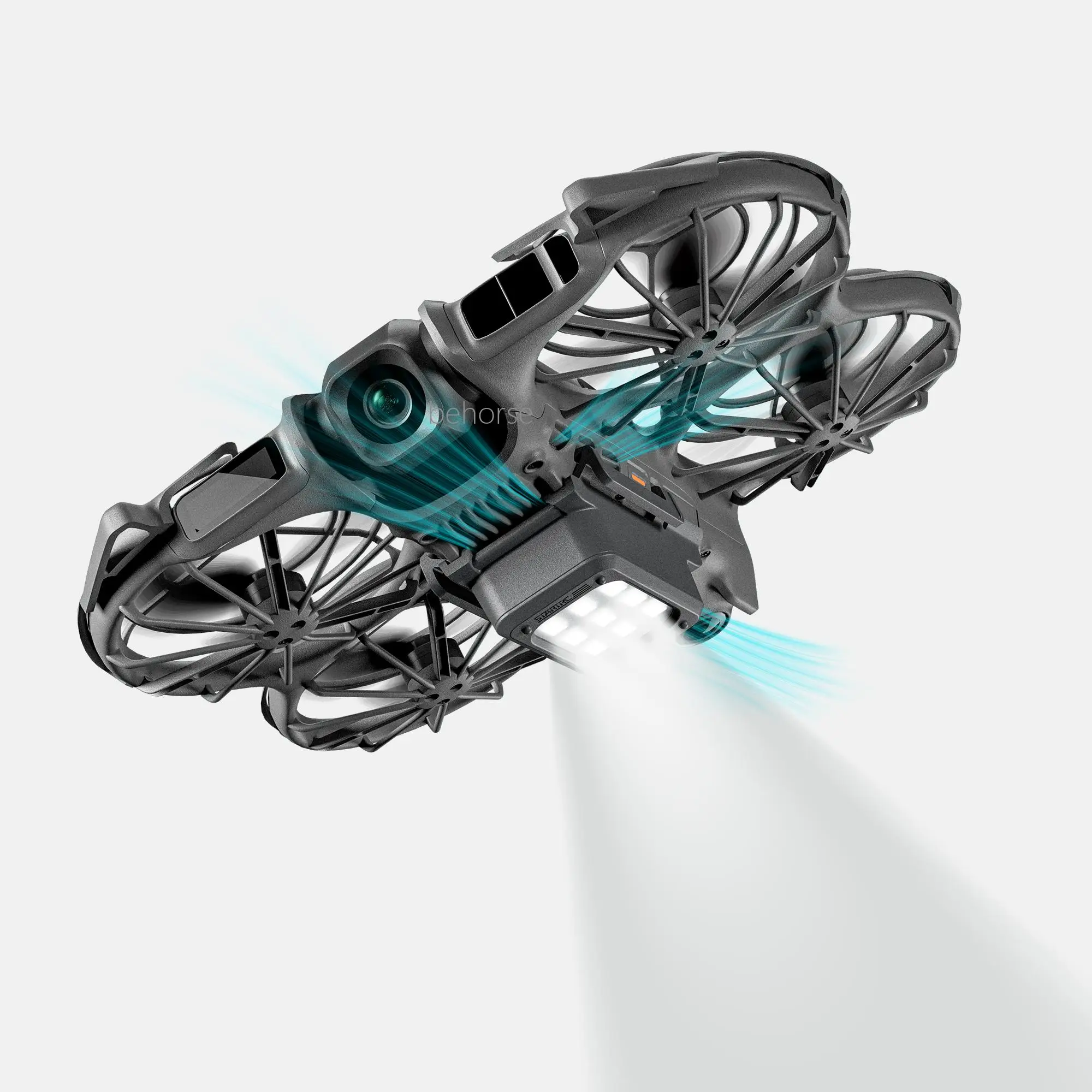 Trépied lumineux pour drone NEO2 plié, prêt à être transporté dans son étui.