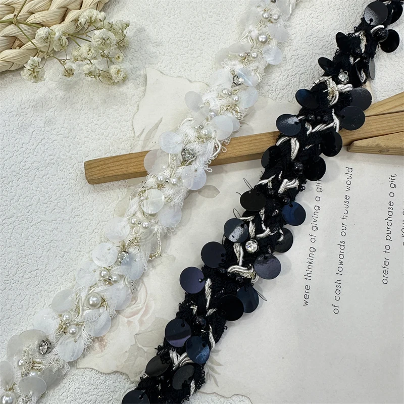 블랙 앤 화이트 레이스 헤비 워크 네일 비즈 스팽글 진주 레이스 직조 테이프, DIY 의류, 핸드 바느질 포켓 액세서리 웨빙, 신제품
