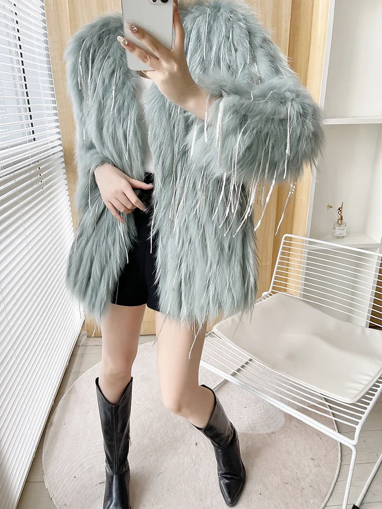 Winter Raccoon Fur Coat Female Fox Fur Medium Long Fashion Young Jackets Knitted Thick Warm Fur High Street Women's Clothing 1Pc