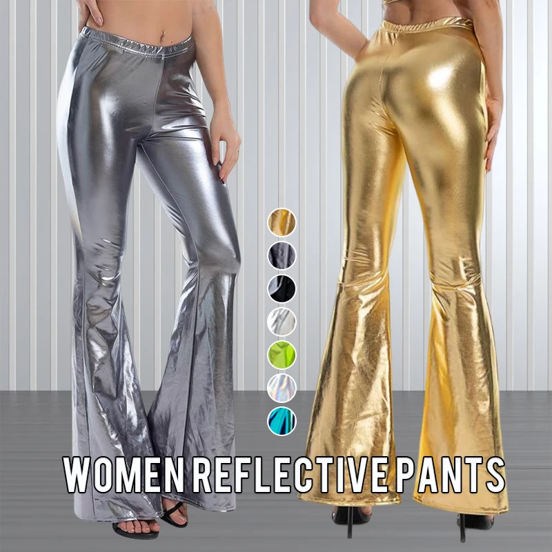 Women Sexy PU Leather Metallic Pants Shiny Holographic Flare Pants Lady Elastic Waist Flared Trousers Dance Performance Clubwear 2