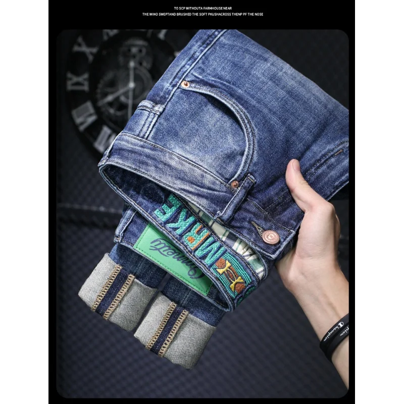 

High-End Printed Design Blue Jeans Men's Slim-Fitting Small Straight Fashionable All-Match Embroidered Stretch Men's Trousers