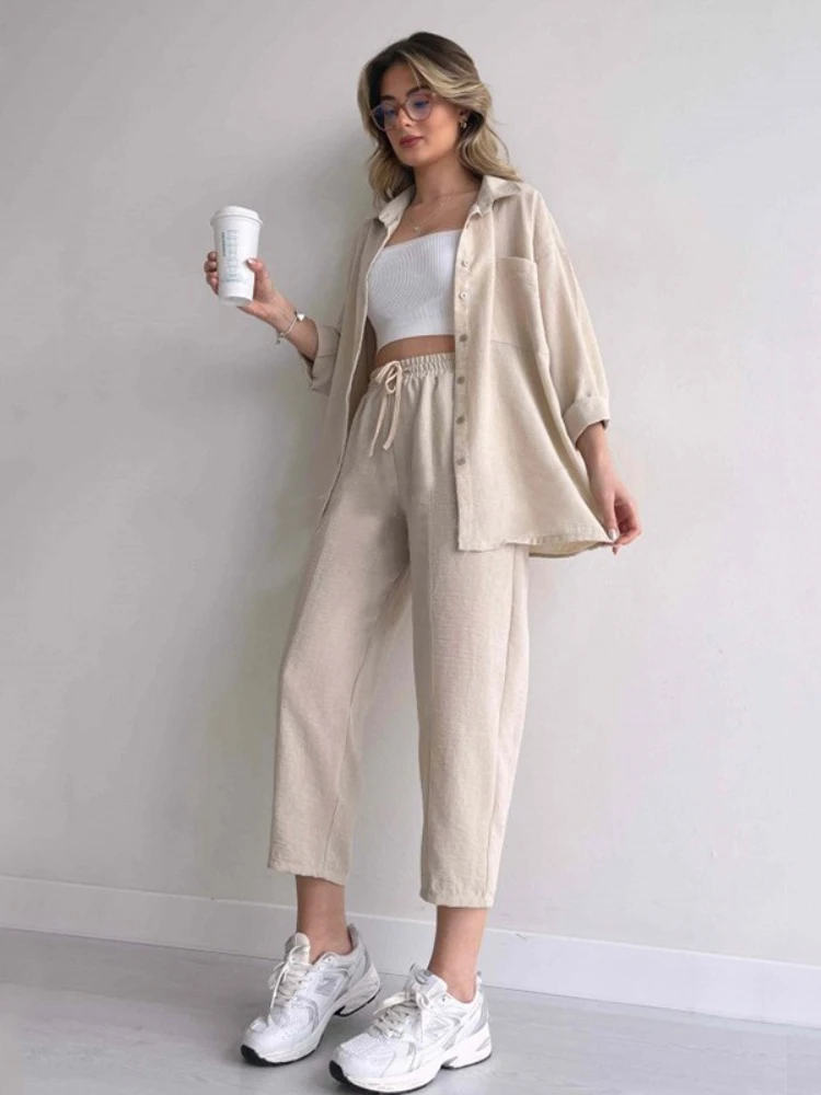 

Europe America Women Clothing Spring 2024 New Casual Loose Shirt Nine-point Sports Harem Pants Two Piece Sets Womens Outifits