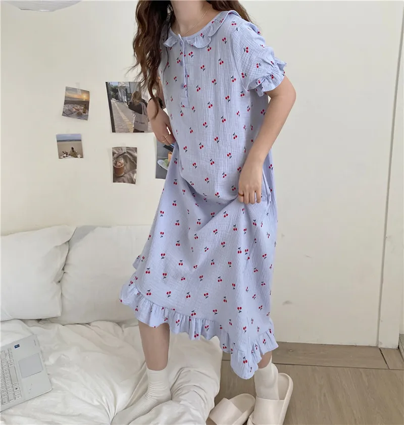 Cherry Print Summer Nightgown Women O-Neck Short Sleeve Casual Cotton Sleepwear Loose Ruffles Homewear Kawaii Korean