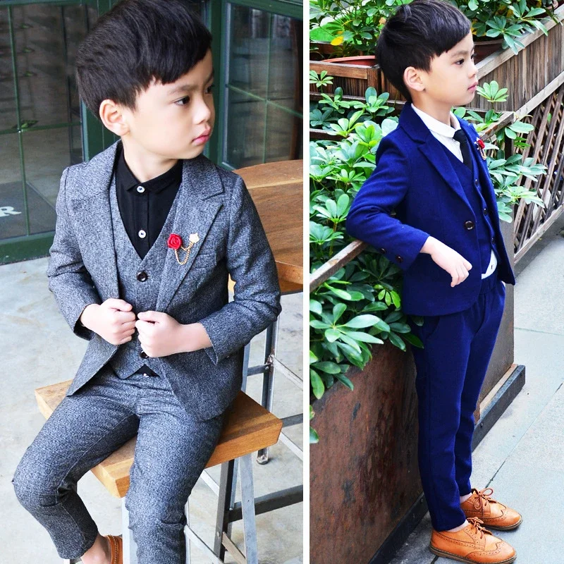 3 PCS Boys Wedding Clothes Blazer Vest Pants Children's Formal Suits Dress Kids Party Clohing Sets Blue Teenage Boy Costumes