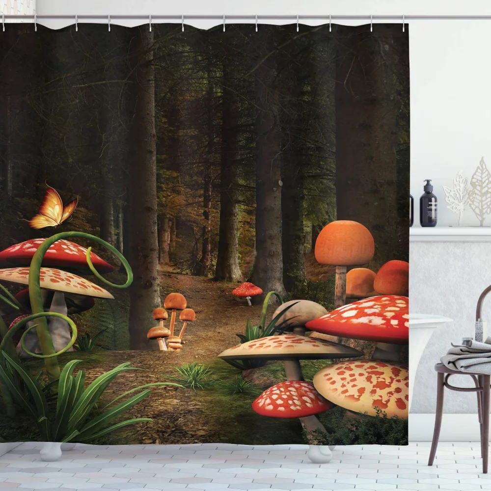 

Mushroom Shower Curtain Mushrooms in Deep Dark Forest Fantasy Nature Mystical Cloth Fabric Bathroom Decor Curtain Set with Hooks