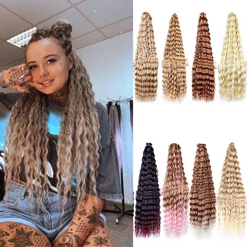 

32 Inch Deep Wave Braiding Hair for Women Ombre Water Wave Crochet Hair Ombre Brown Synthetic Ariel Curl Braids Hair Extension