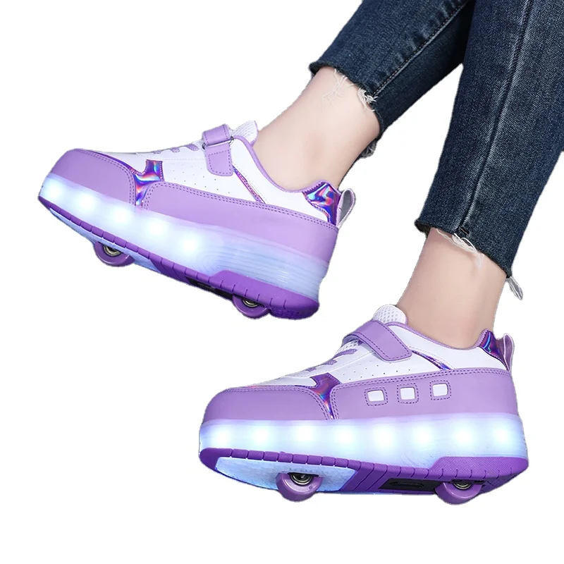 

TCXW0325 LED Light Up USB Charge Retractable 2 Wheel Roller Shoes Fashion Unisex Wheel Shoes Kids Flashing Roller Skate Sneakers