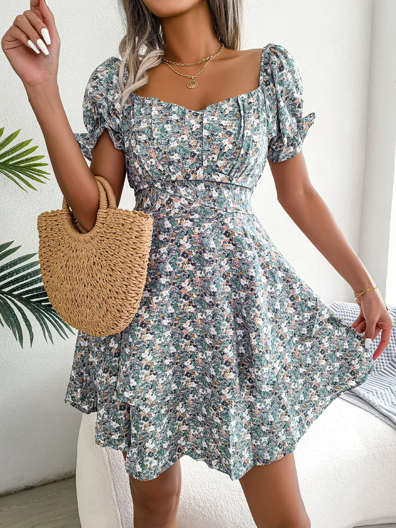 Floral Print Puff Short Sleeve Dress for Women