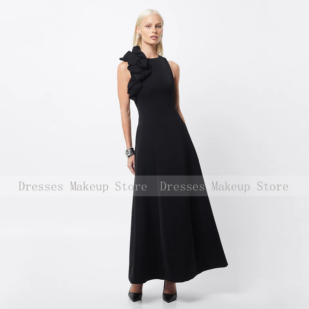 Black Prom Dress Maxi Ruffle O Neck A Line Ankle Length Simple Party Gowns for Women Sleeveless Pockets Evening Dresses