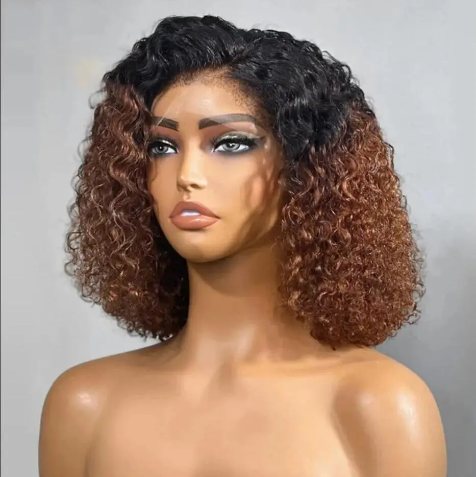 

Natrual 180 Density 16" Short Bob Ombre Brown Glueless Kinky Curly Lace Front Wig For Women Baby Hair Heat Resistant Preplucked