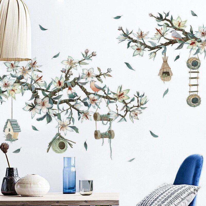 

Magnolia Branch Wall Stickers Bedroom Living Room Sofa TV Background Wall Decor Birds Nest Sticker Home Decor Wallpapers