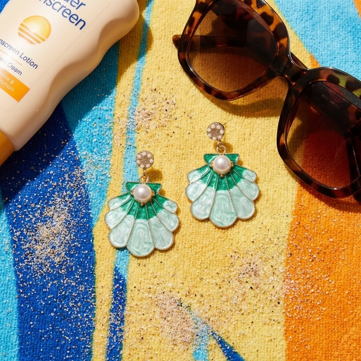Imitationsperlen-Emaille-Muschel-Ohrhänger für Damen und Herren, böhmischer Sommer-Ozean-Strand-Seestern-Blumen-Ohrring, Urlaubsschmuck – Detail 14