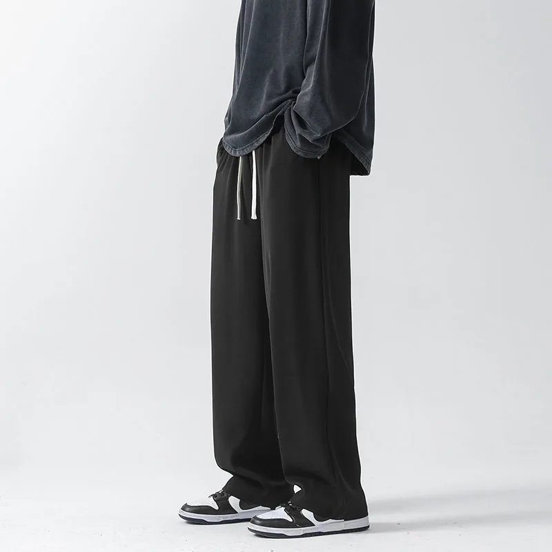 Summer Ice Silk Straight Casual Pants for Men's New Drawstring Loose Sports American High Street Mopping Floor ice silk wide leg pants women s summer new high waist drape loose and thin straight black mopping casual pants