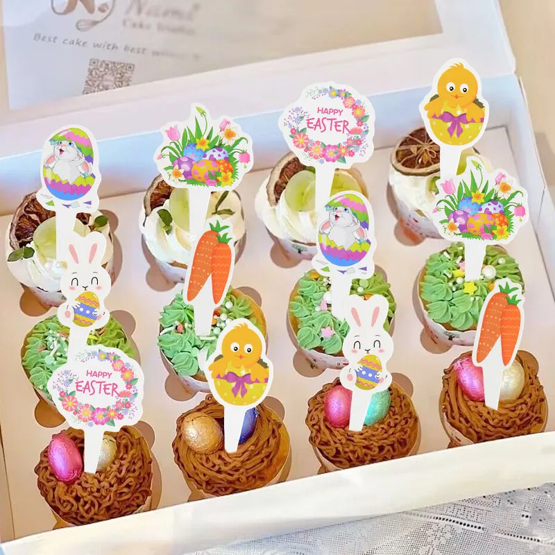

12Pcs Happy Easter Cupcake Toppers Cartoon Rabbit Egg Carrot Cake Topper Decoration Easter Party Supplies Kids Birthday Favors