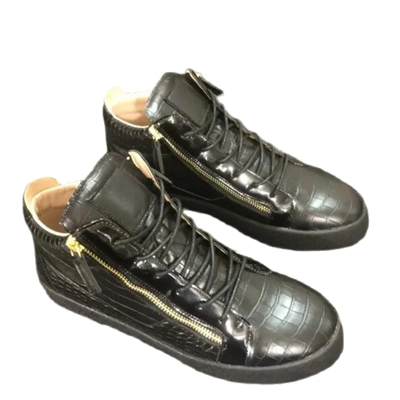 High Top Stone Pattern Men Loafer Leather Lace-Up Zipper Youth Sport Shoes Fashion Round Toe Flats Sneakers Man Black Color 2