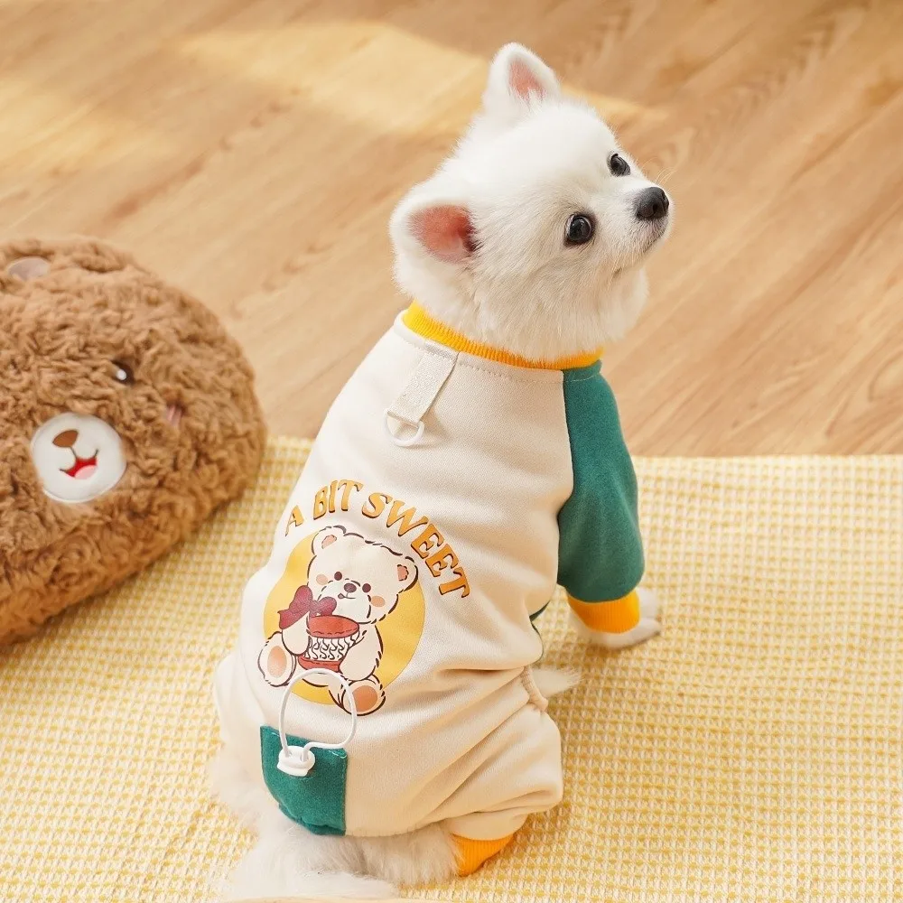 두꺼운 강아지 점프수트 곰 패턴 편안한 강아지 플리스 후디 D-링 컬러 블록 네발옷 일상 산책용