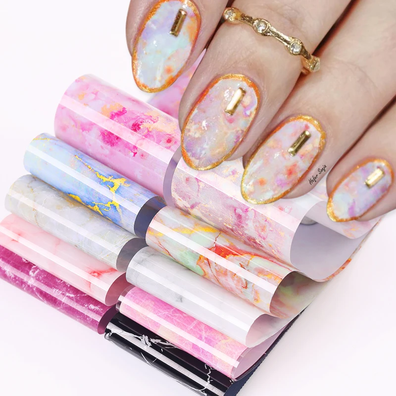 Nail Stickers 10Pcs/Bag Marble Nail Art Transfer Foil Flower French Tip Wraps Adhesive Decals Manicure Accessories
