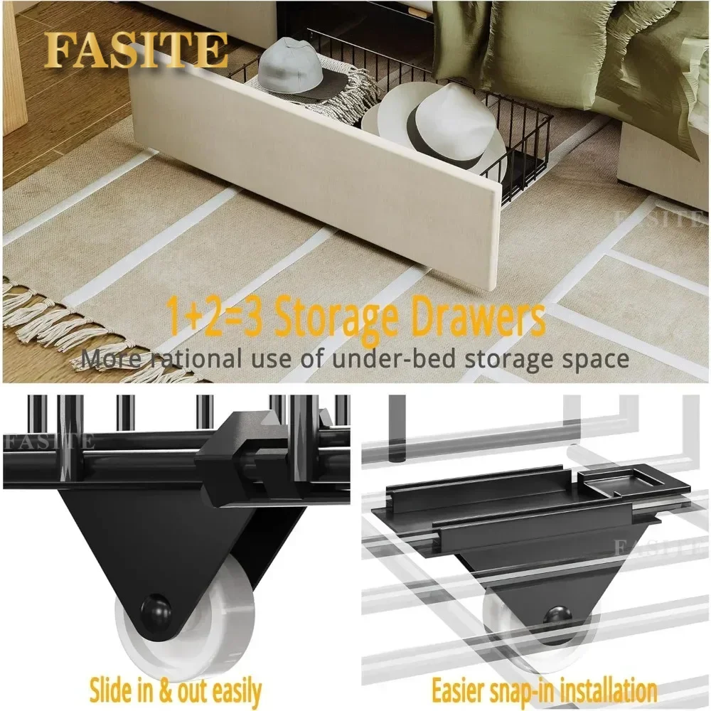 King Size Bed Frame With Storage Headboard And Charging Station, With 3 Drawers, No Box Spring Needed, Bed Frame Queen Size
