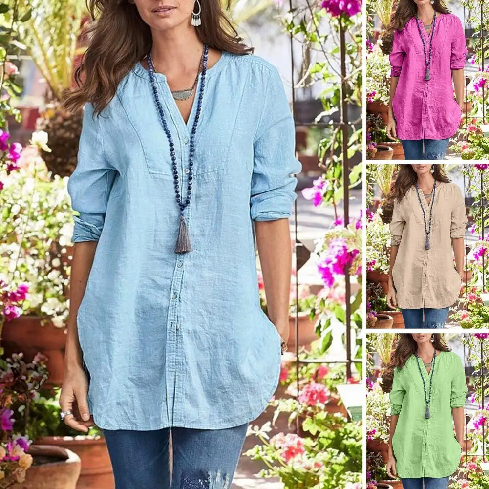 

Versatile Women Shirt Stylish V-neck Spring Shirt for Women Loose Fit Top with Buttons Placket Long Sleeves Mid-length Single