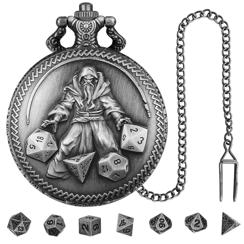 Vintage-Anhängerkette, Master-Taschenuhrengehäuse mit 7-teiligem polyedrischem Metallwürfel-Set, Unterhaltungswürfel für Drachen-Rollenspiele – Detail 6